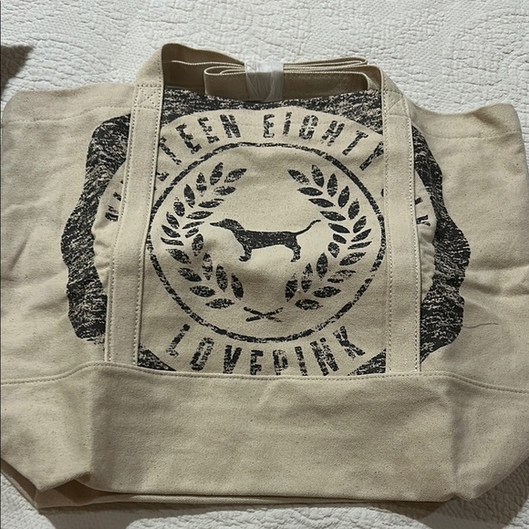PINK Victoria's Secret Cream and Black Canvas Tote with Classic Emblem. NWT - Picture 1 of 7
